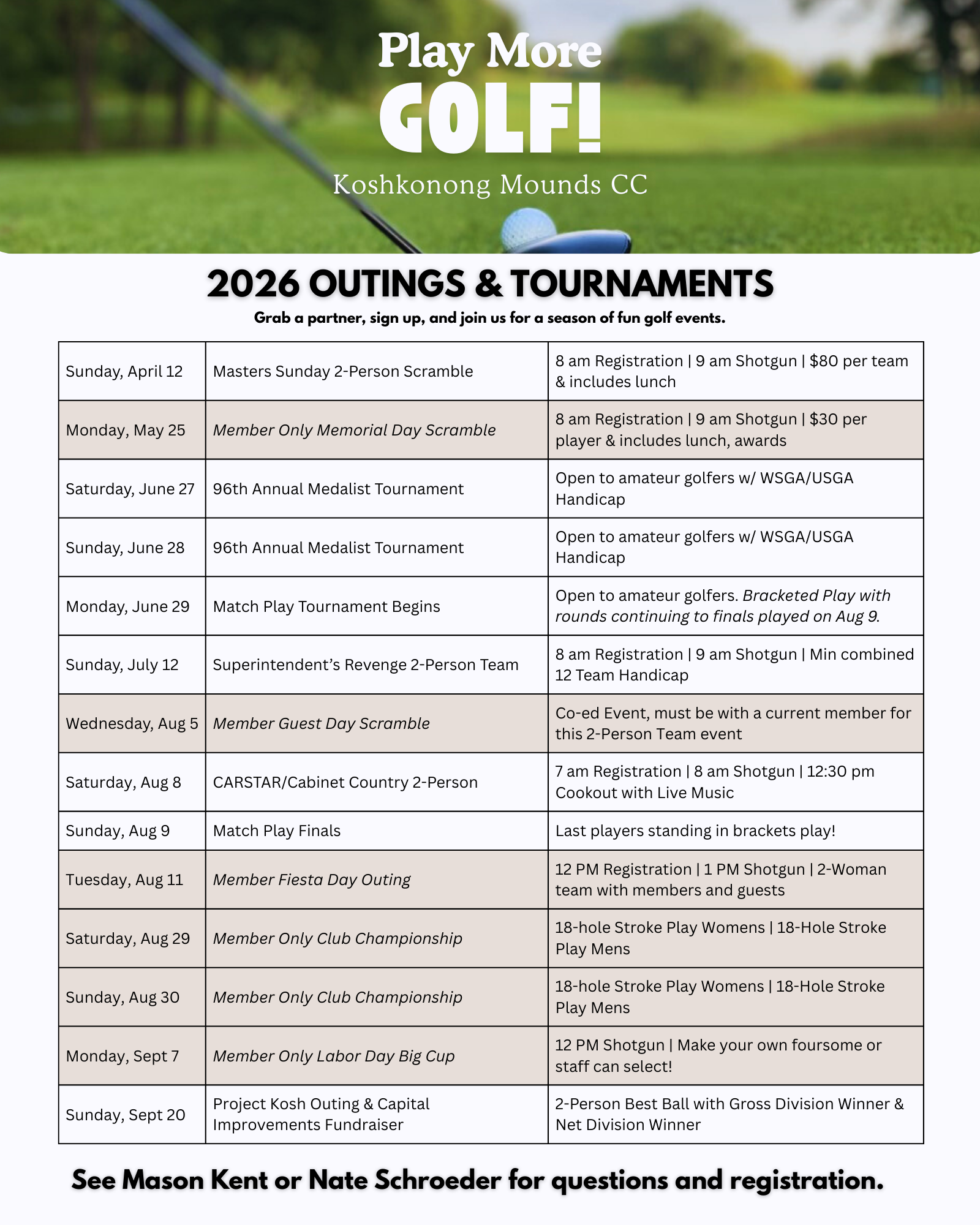 2026 KMCC Golf Outing Schedule