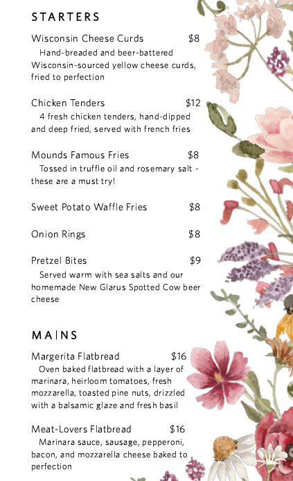 KoshMounds Spring Fling Menu